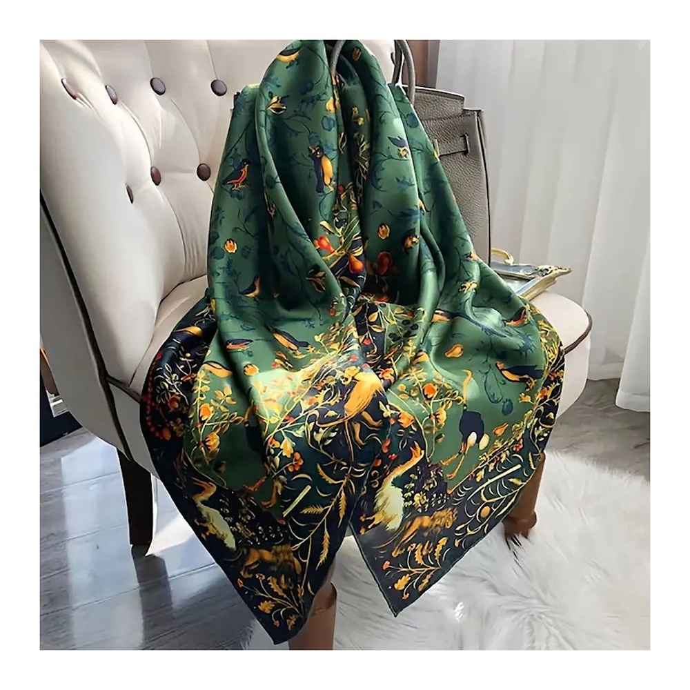 Women's Luxury Silk/Satin Bird Large Scarf Shawl Animal Green/Black